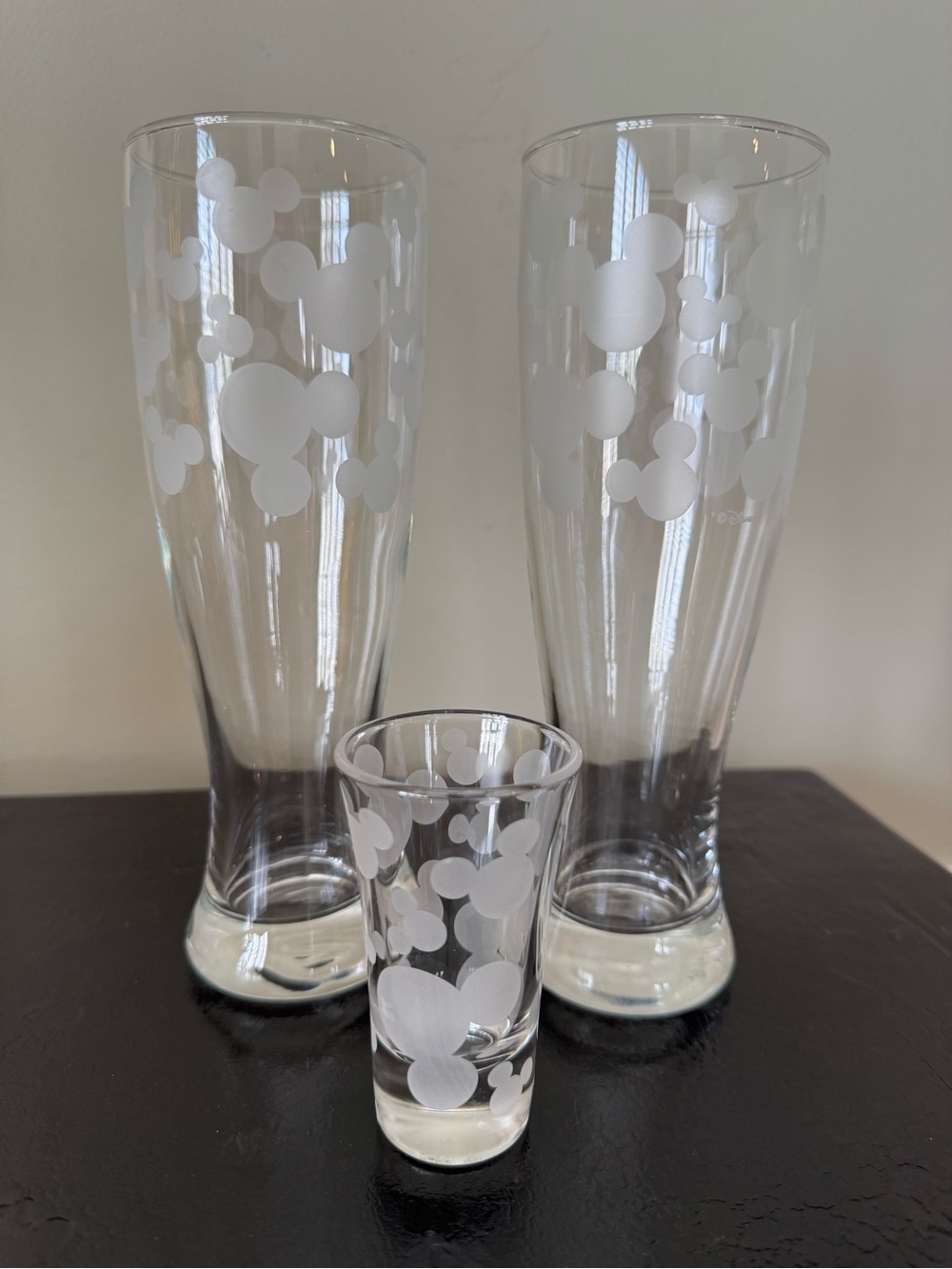 Disney Mickey Mouse Head & Ears Etched Pilsner Beer Glasses with Shot Glass